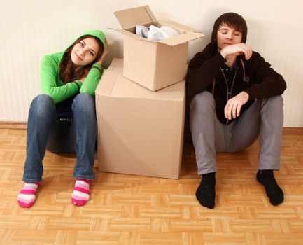 Packed office items prepared for transport in a commercial move