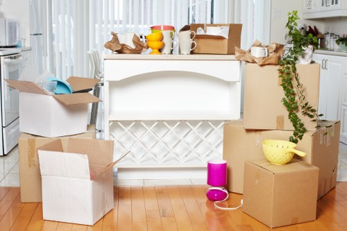 Boxes and labelled items prepared for transport and disposal