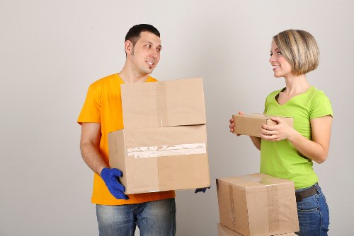 Packed office furniture and equipment prepared for relocation